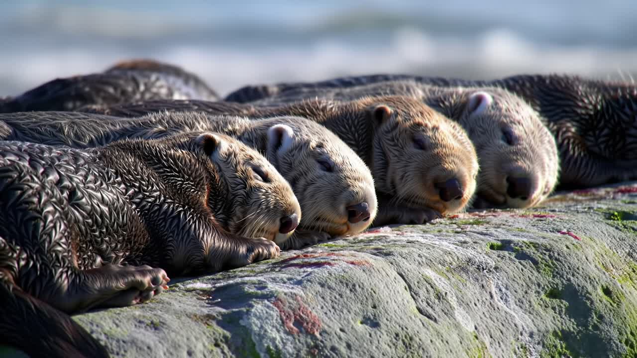 A serene moment captured as a group of otters peacefully rest on a sunlit rock by the shore, showcasing their playful nature and adorable features in a coastal habitat