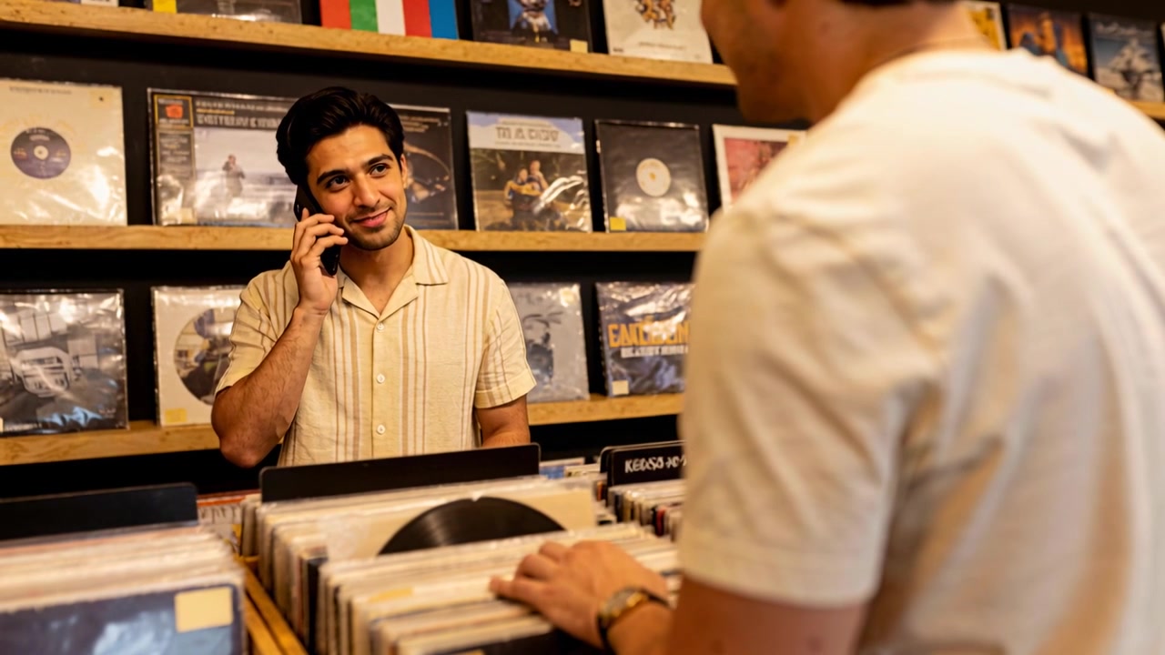 Comprador con camiseta blanca y reloj de pulsera eligiendo un disco en la tienda, con personal hablando por teléfono.