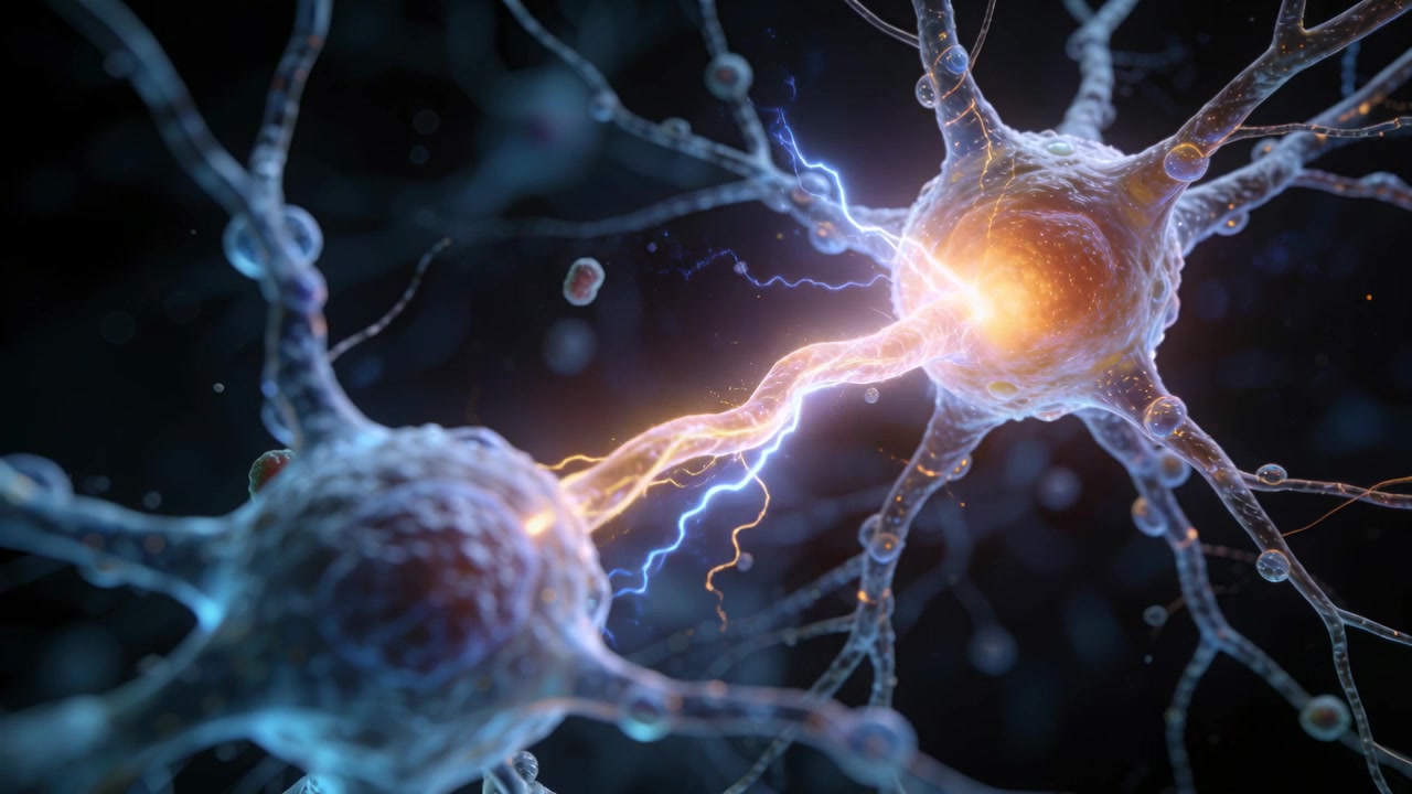 Glowing right soma emitting signal, propagating along axon in neural tissue to left soma, vesicles