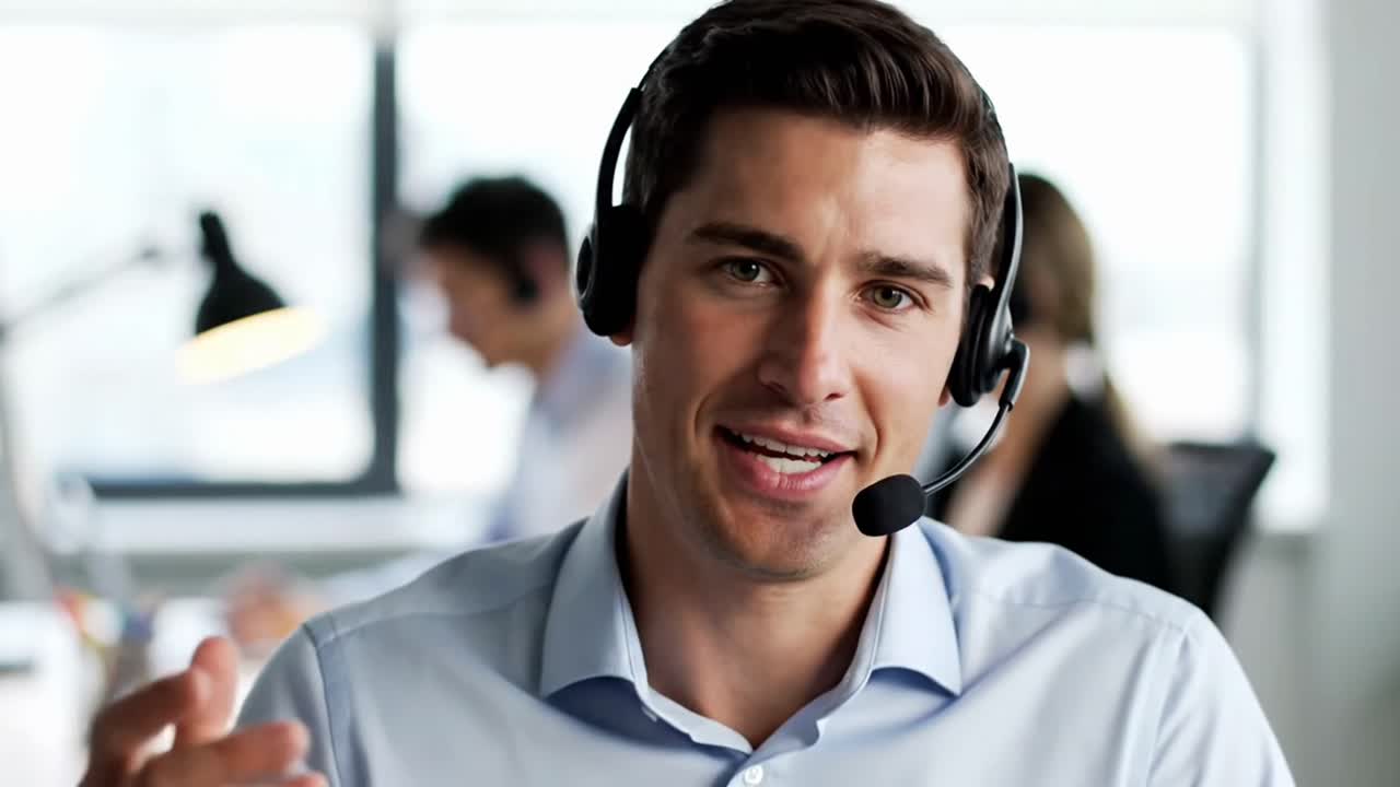Smilende mann med hodesett som jobber på et kundesenterkontor