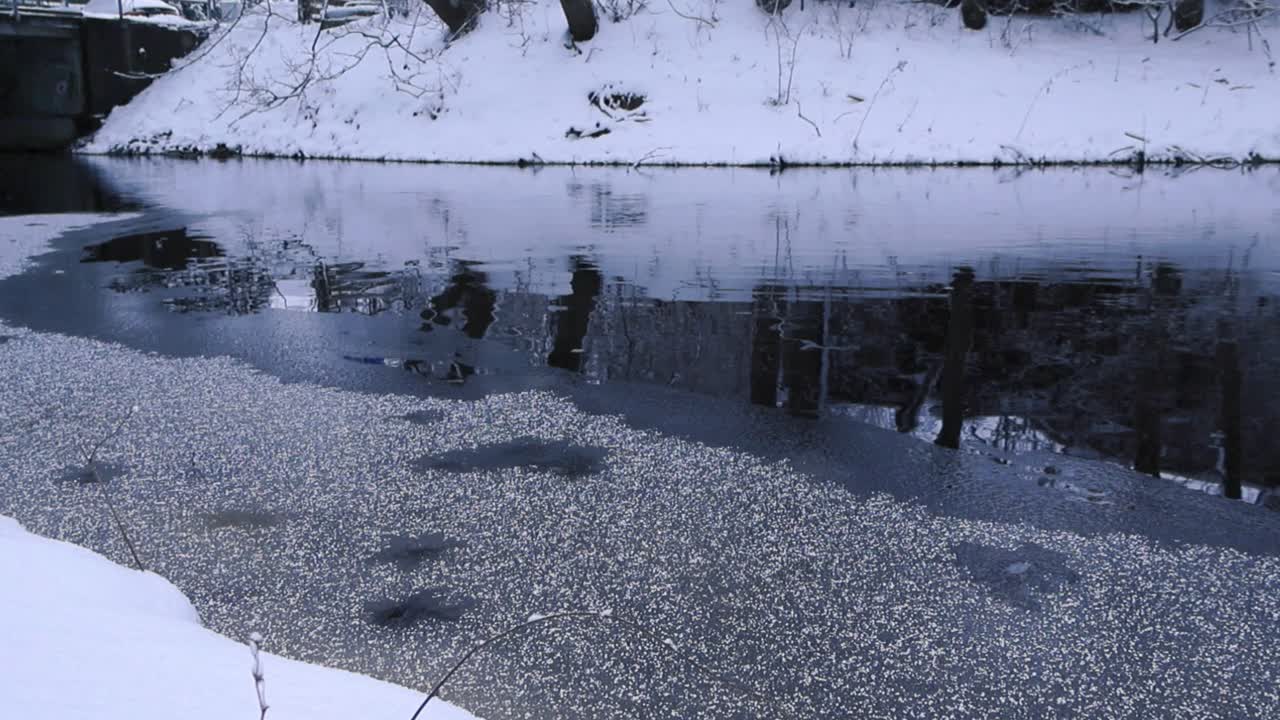 Gorgeous dark blue and brown cold river water flowing slowly while camera pans from left to right. The water is surrounded with ice and white fluffy snow covered riverbanks that reflect on the water.