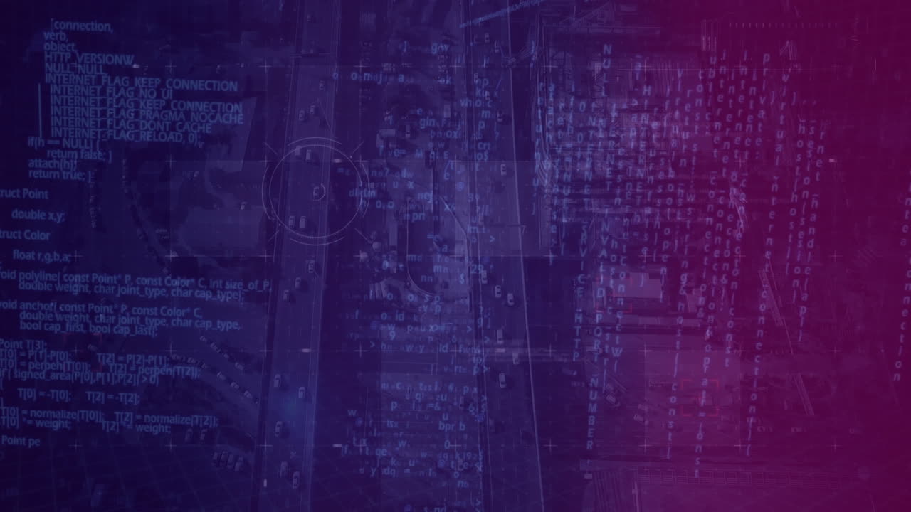 animación digital de la vista del cielo de la ciudad con una enorme forma de comunicación con filtro púrpura oscuro