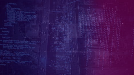 animación digital de la vista del cielo de la ciudad con una enorme forma de comunicación con filtro púrpura oscuro