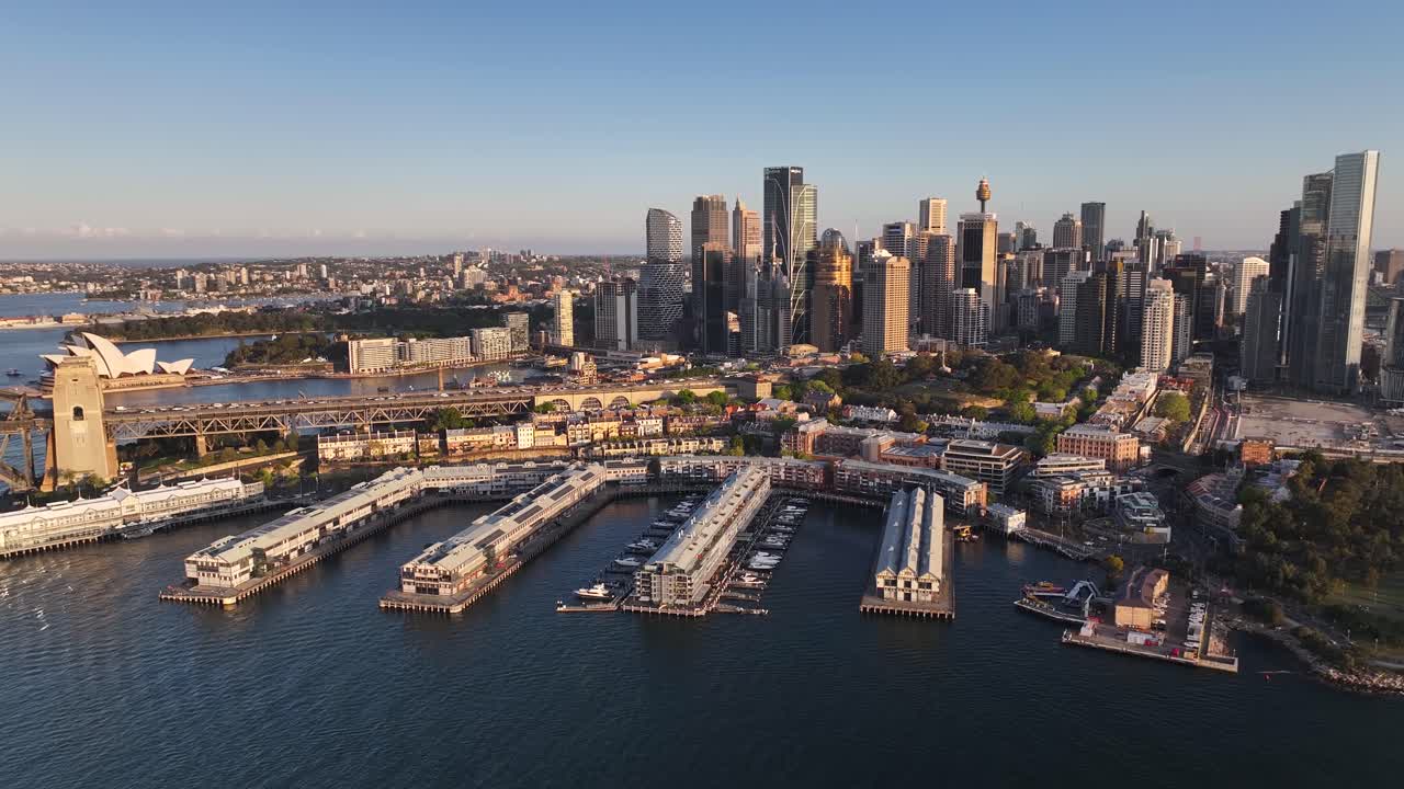 The Rocks in Sydney old harbour, beautiful drone panoramic cityscape. Metropolitan city, Australia.