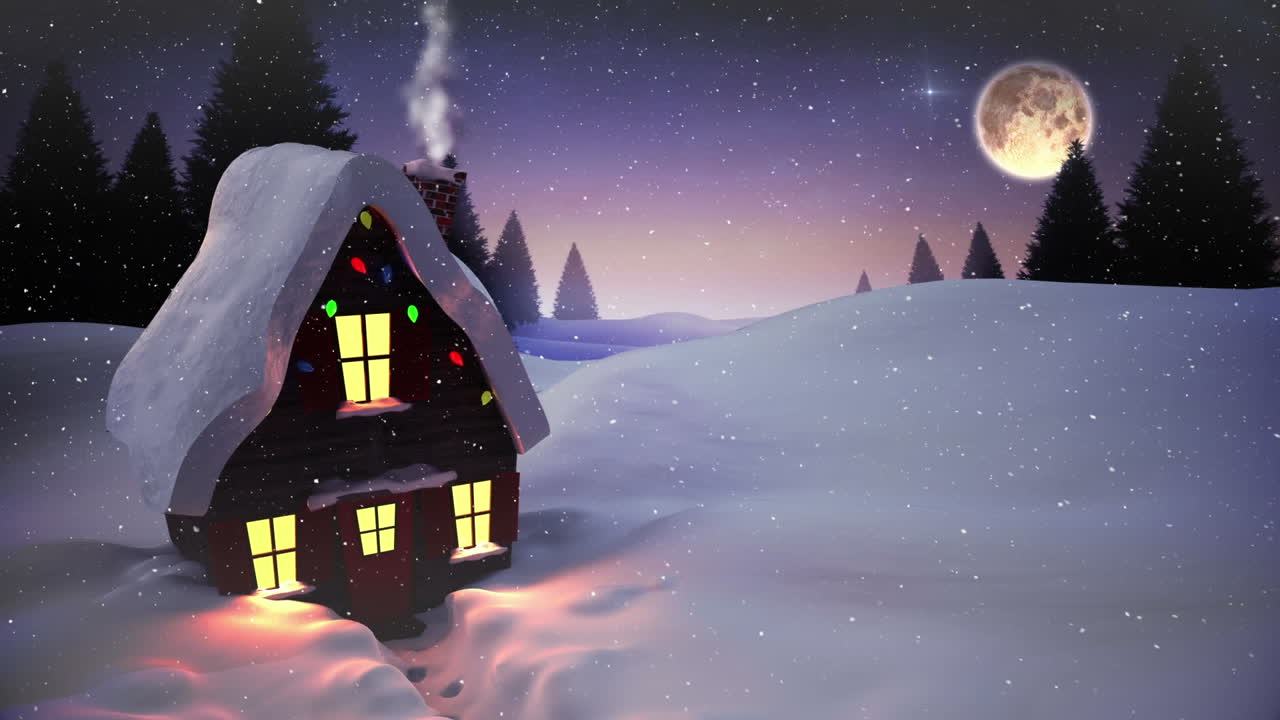 animación de la nieve cayendo sobre la casa y el paisaje de invierno