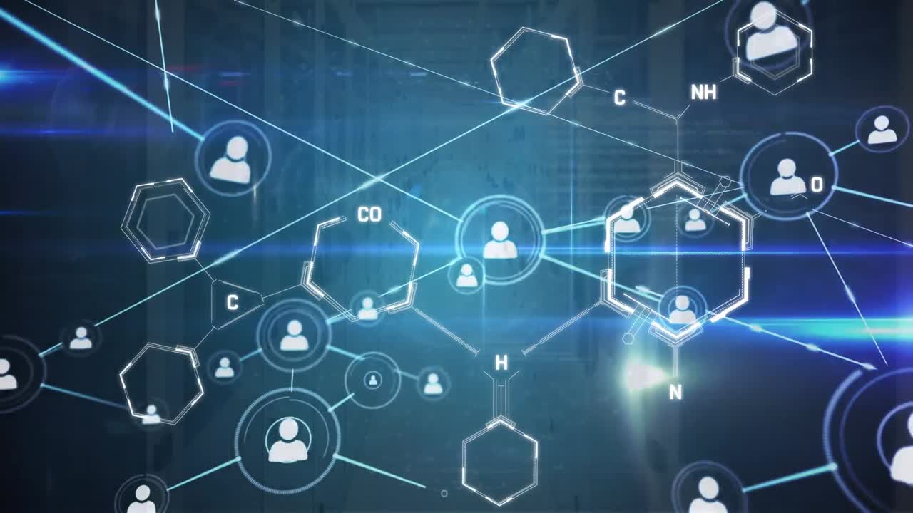 animación de la fórmula química y la red de conexiones a través de la sala de servidores