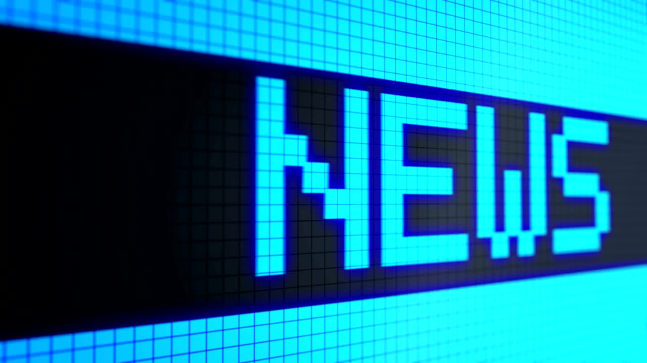 Looped animated background with running lines - ticker with text "news " light-blue color on the black screen. Pixels. 4k. Seamless loop.