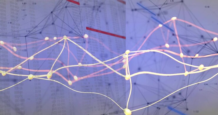 Durante la riproduzione, dati sovrapposti a un foglio di carta, con filamenti gialli che si ramificano e pulsano per l'analisi.