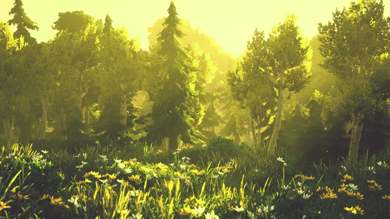 안개가 많은 아침에 만화의 해가 뜨는 것