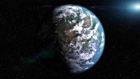 front view of the earth from space with clouds and green landscapes