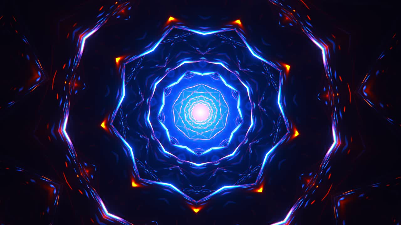 diseño circular azul y naranja con luces. caleidoscopio vj bucle