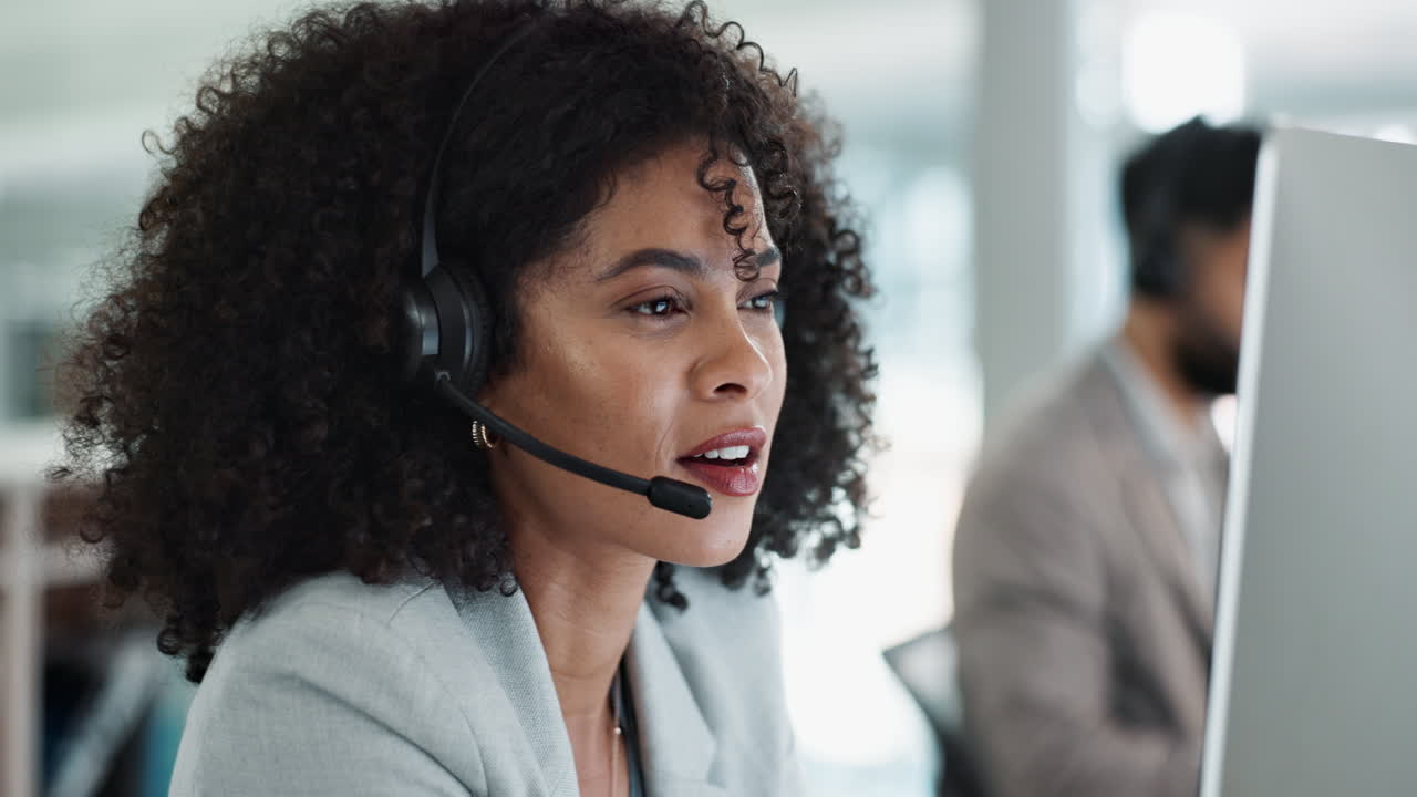 Happy woman, call center and headphones