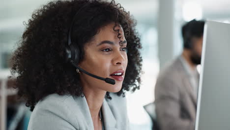 happy woman, call center and headphones