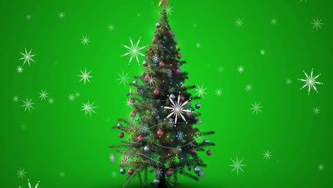 Animation-of-snow-falling-over-christmas-tree-on-green-background