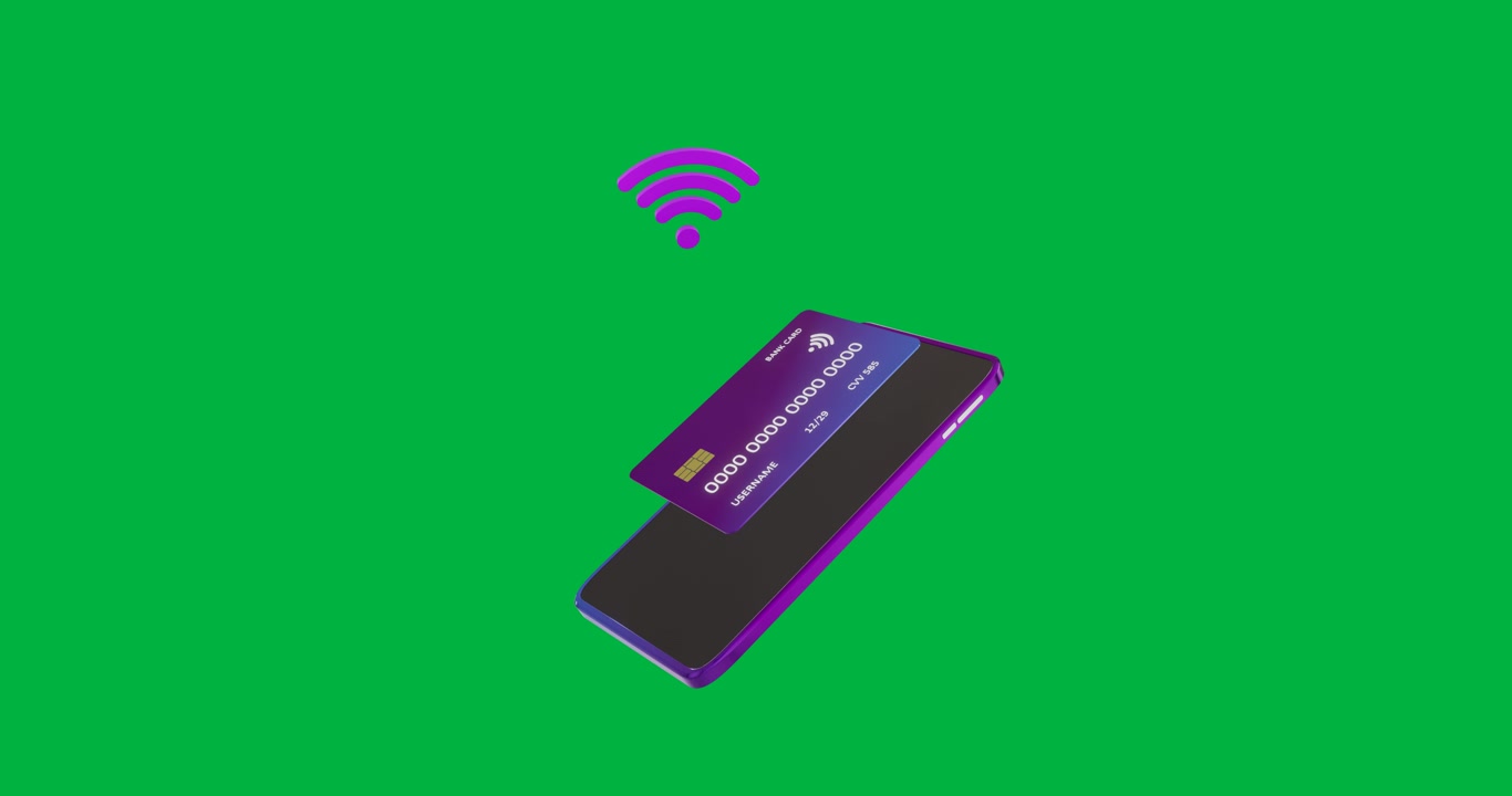 Animation of wifi icon and purple credit card spinning on transparent background