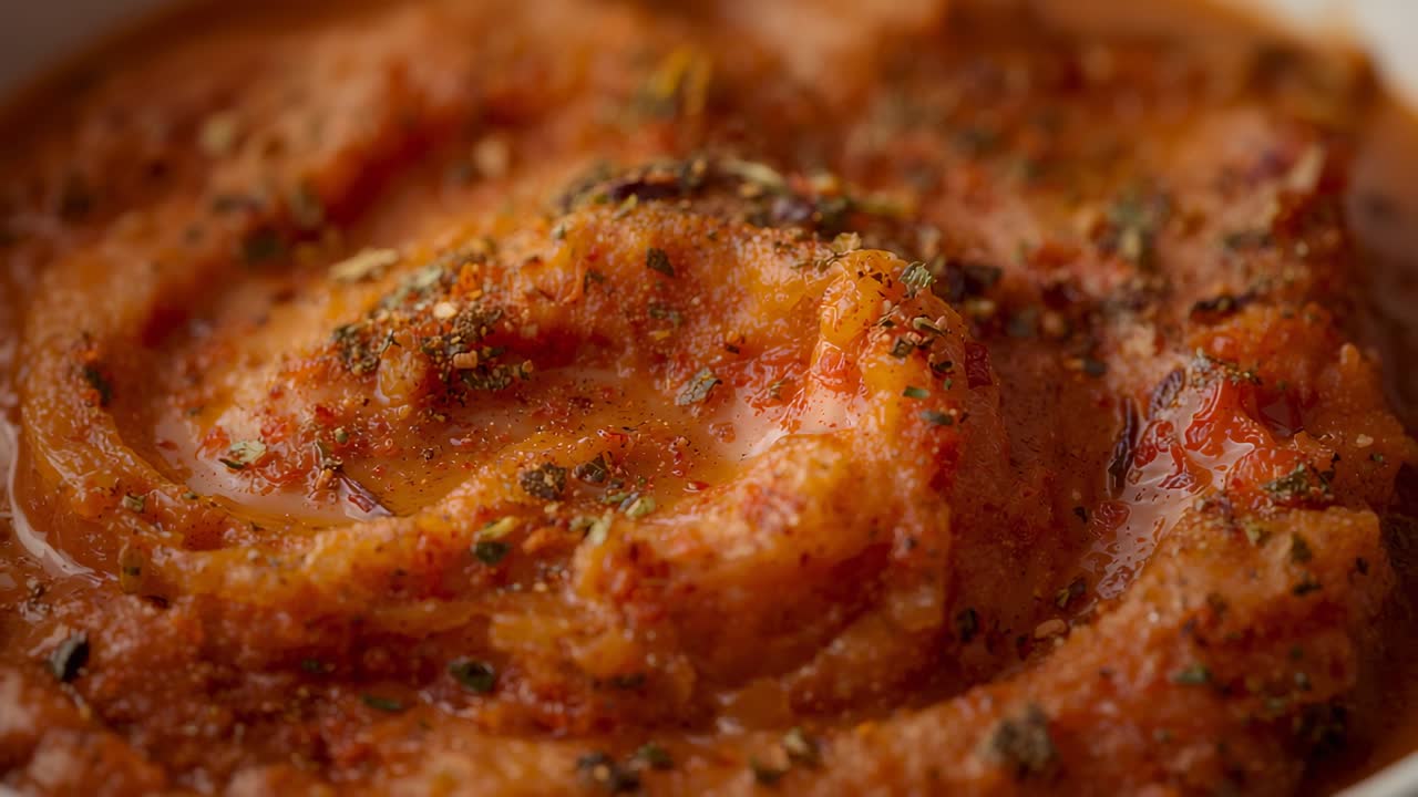 Kameran zoomar ut och avslöjar en spiral av orange puré i en grund skål, som visar örtflingor och olja