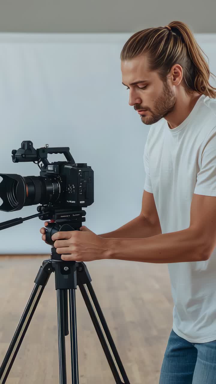 Video verticale: operatore con jeans blu e maglietta bianca che sistema la telecamera in studio con una testa per treppiede con impugnatura