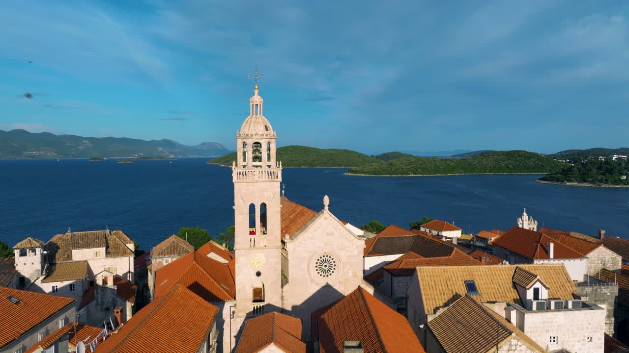 Cathedral Of Saint Mark, Roman Catholic church in Korcula, Croatia. - aerial shot
