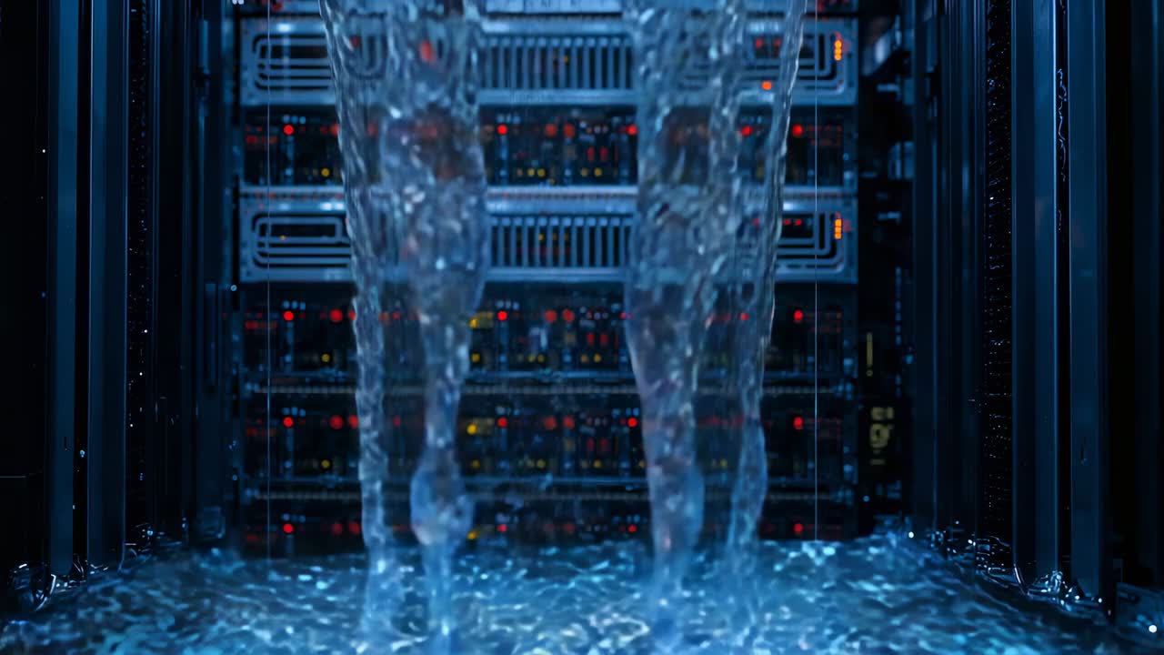 Starting two vertical water streams striking floor in server room, creating ripples and LED glints