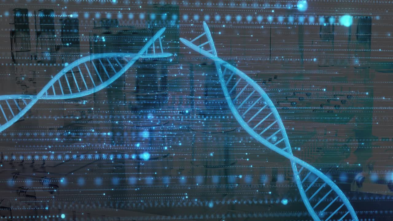 Drifting, glowing blue DNA helices interlocking, separating, spinning away visualizing data