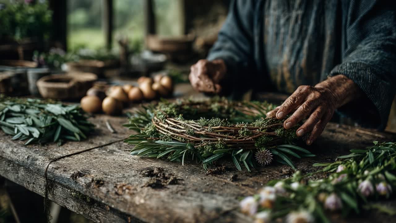 Crafting Nature's Beauty: The Art of Creating Floral Wreaths in a Rustic Workshop, Showcasing Nature's Elements and Skilled Hands at Work