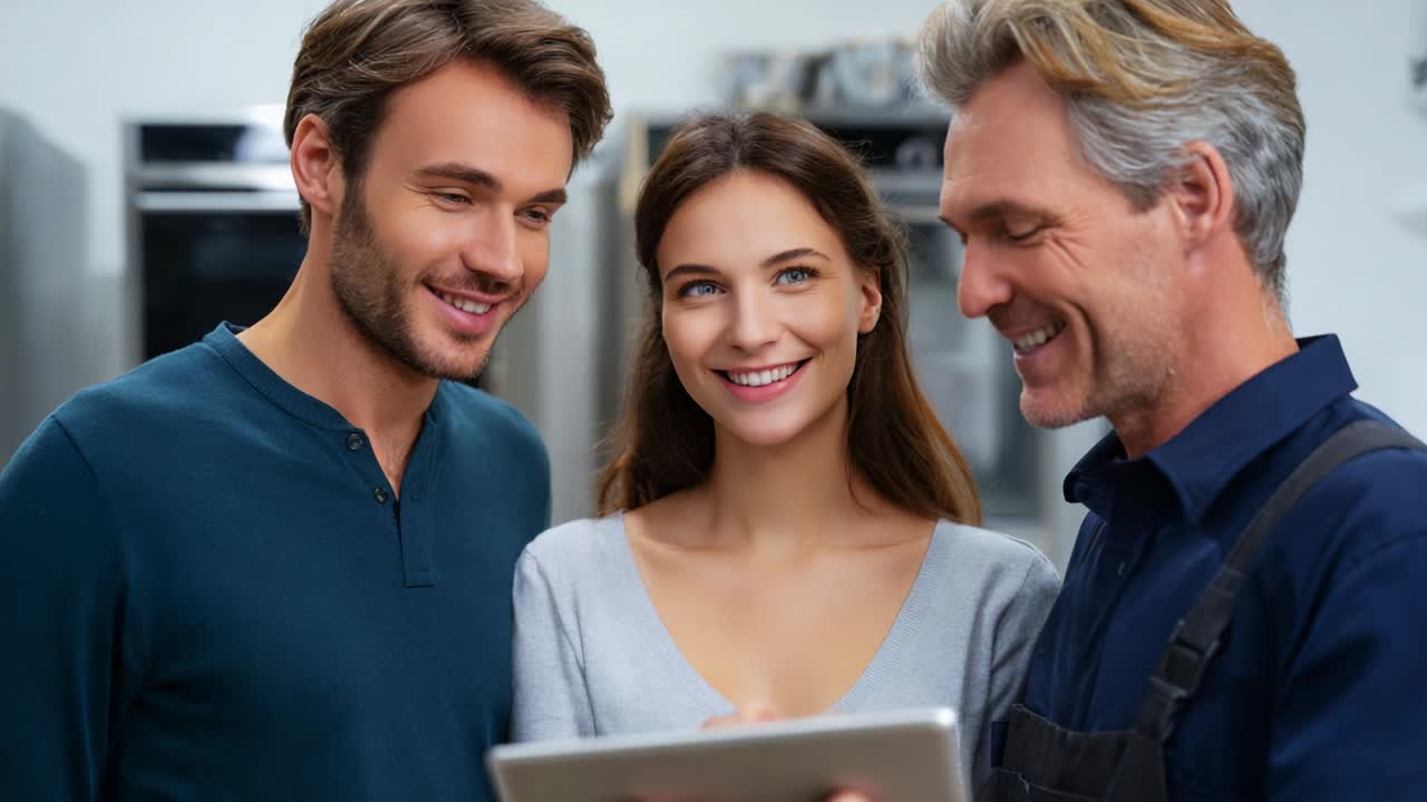 A Trio Engaged in Collaborative Learning and Enjoyment, Sharing Ideas and Information on a Tablet in a Modern Kitchen Setting, Illustrating the Joy of Teamwork and Communication