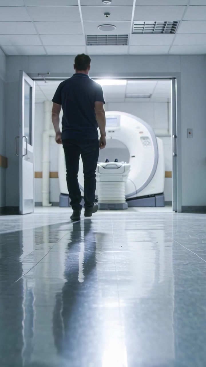 Video verticale: Operatore sanitario in divisa scura che cammina e si avvicina allo scanner ospedaliero per azionarlo.