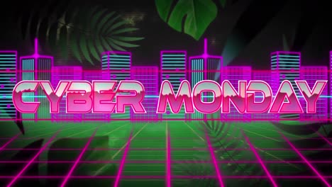 Animation-Eines-Cyber-Monday-Textbanners-über-Einem-Neonfarbenen-3D-Stadtmodell-Vor-Grünen-Blättern