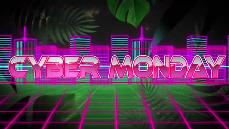 Animación-Del-Banner-De-Texto-Del-Cyber-Monday-Sobre-Un-Modelo-De-Ciudad-3d-De-Neón-Contra-Hojas-Verdes