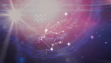 animación del signo estelar de acuario sobre estrellas y nubes en el cielo en el fondo.