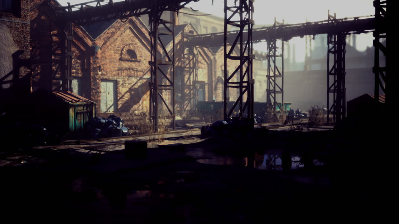 Abandoned industrial site glows in morning light revealing textures