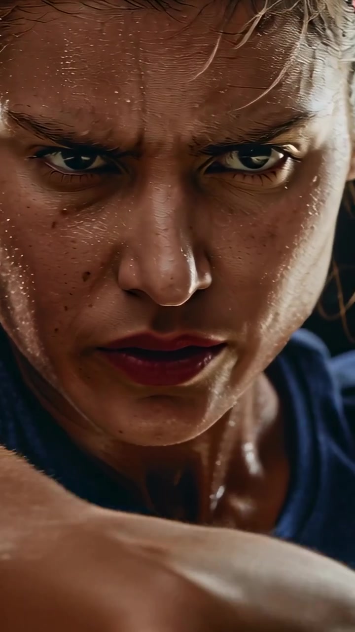 Video verticale: Atleta donna che inspira e sferra pugni durante l'allenamento in palestra, con top scuro, fascia per capelli e sudore