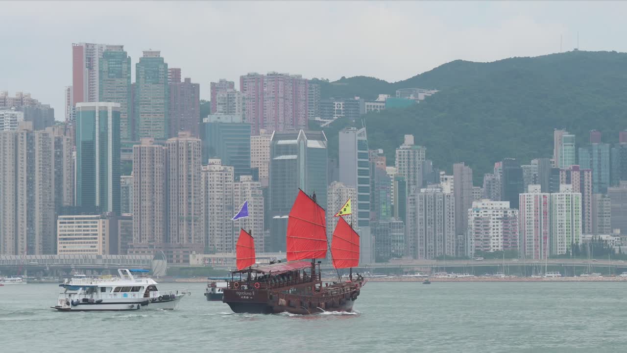 A wooden red-sailed junk boat, inspired by ancient Chinese sailing ships and now a popular tourist attraction, sails across the Victoria Harbour waterfront in Hong Kong, China.