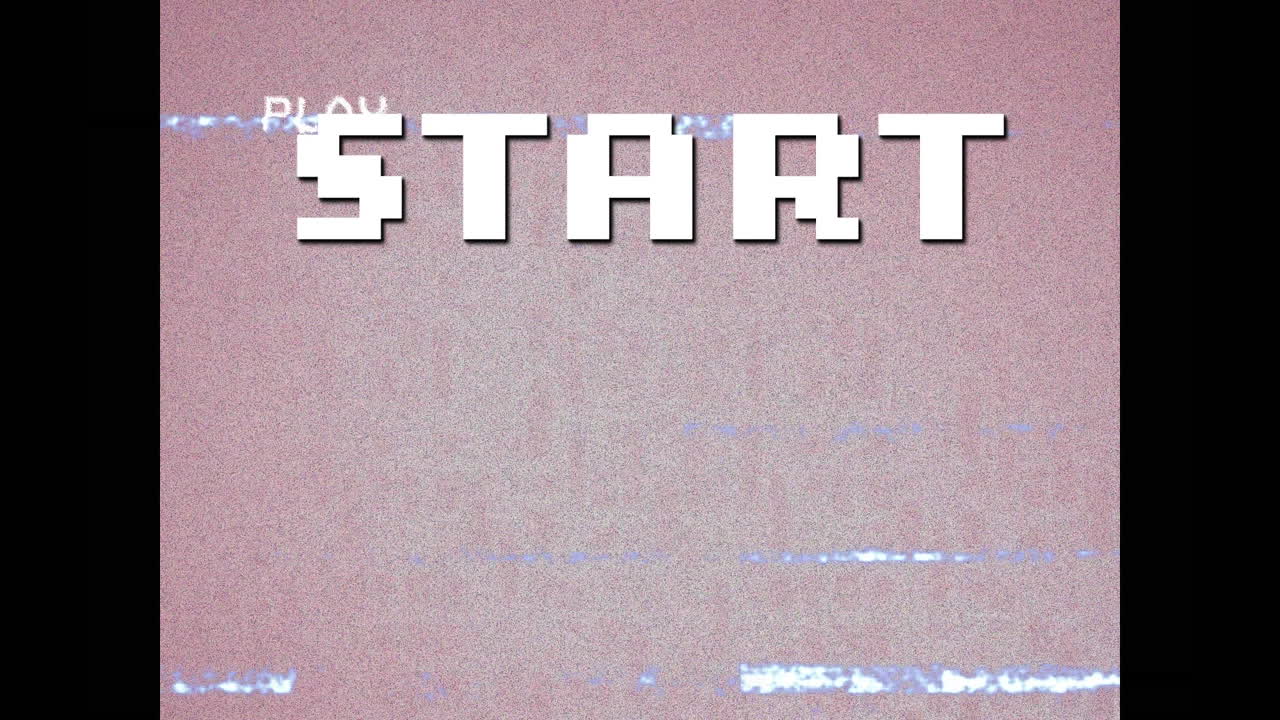 animación del inicio del texto de píxel blanco, en la interfaz de reproducción con interferencia y fondo rosa