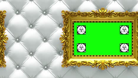 la cámara se mueve a lo largo de marcos de imágenes dorados en un lujoso fondo de tapicería blanca. animación 3d en bucle sin costuras. marcadores de seguimiento de movimiento y pantalla verde incluidos.
