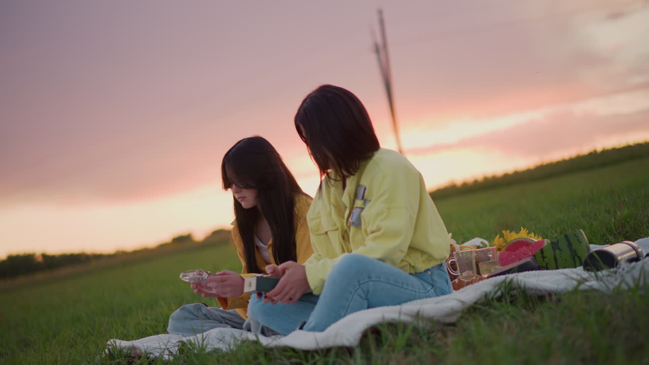 검은색과 아시아인 친구들이 잔디밭 초원에서 해 질 녘에 피크닉 그릇을 나눠 먹으면서 미소 짓고 웃으며 바구니에서 접시와 간식을 건네고, 따뜻한 황금빛 하늘 아래 담요 위에 과일과 음료를 놓으며 함께 즐거운 시간을 보내고 있어요.