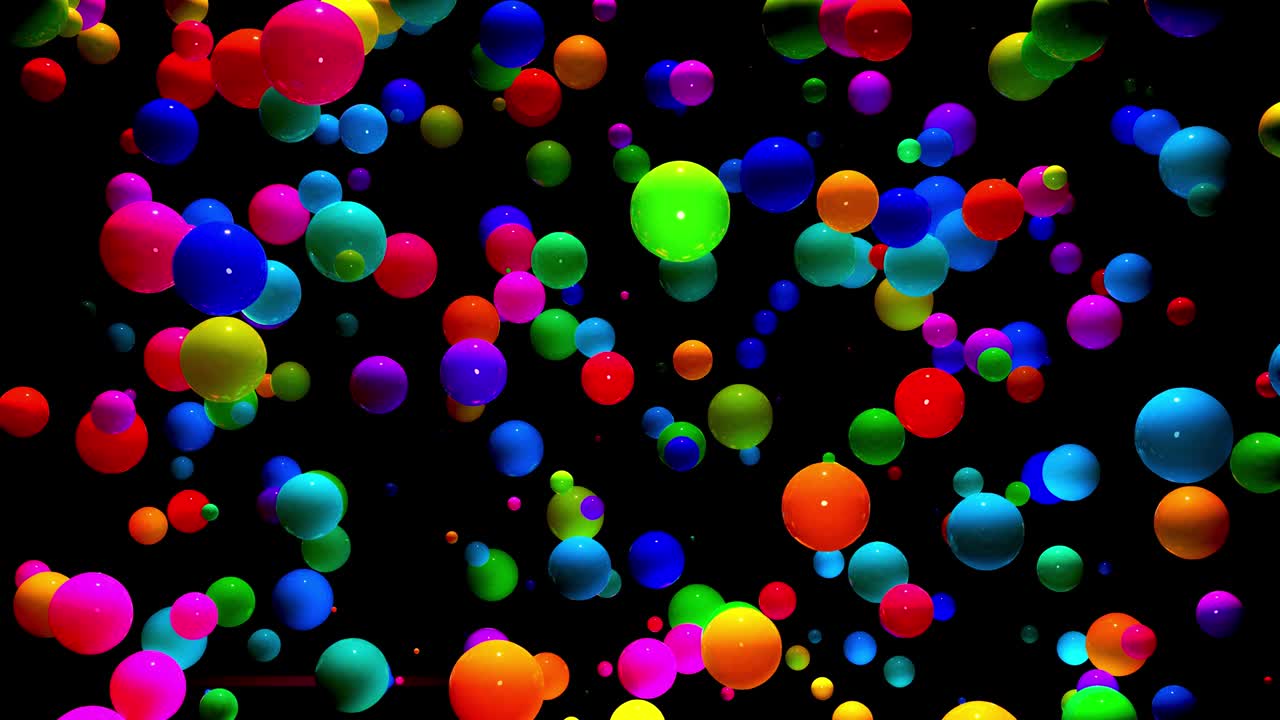 composición abstracta de bolas de colores en el aire, que se iluminan al azar y se reflejan entre sí. esferas multicolores en el aire como simple fondo oscuro geométrico con efectos de luz.