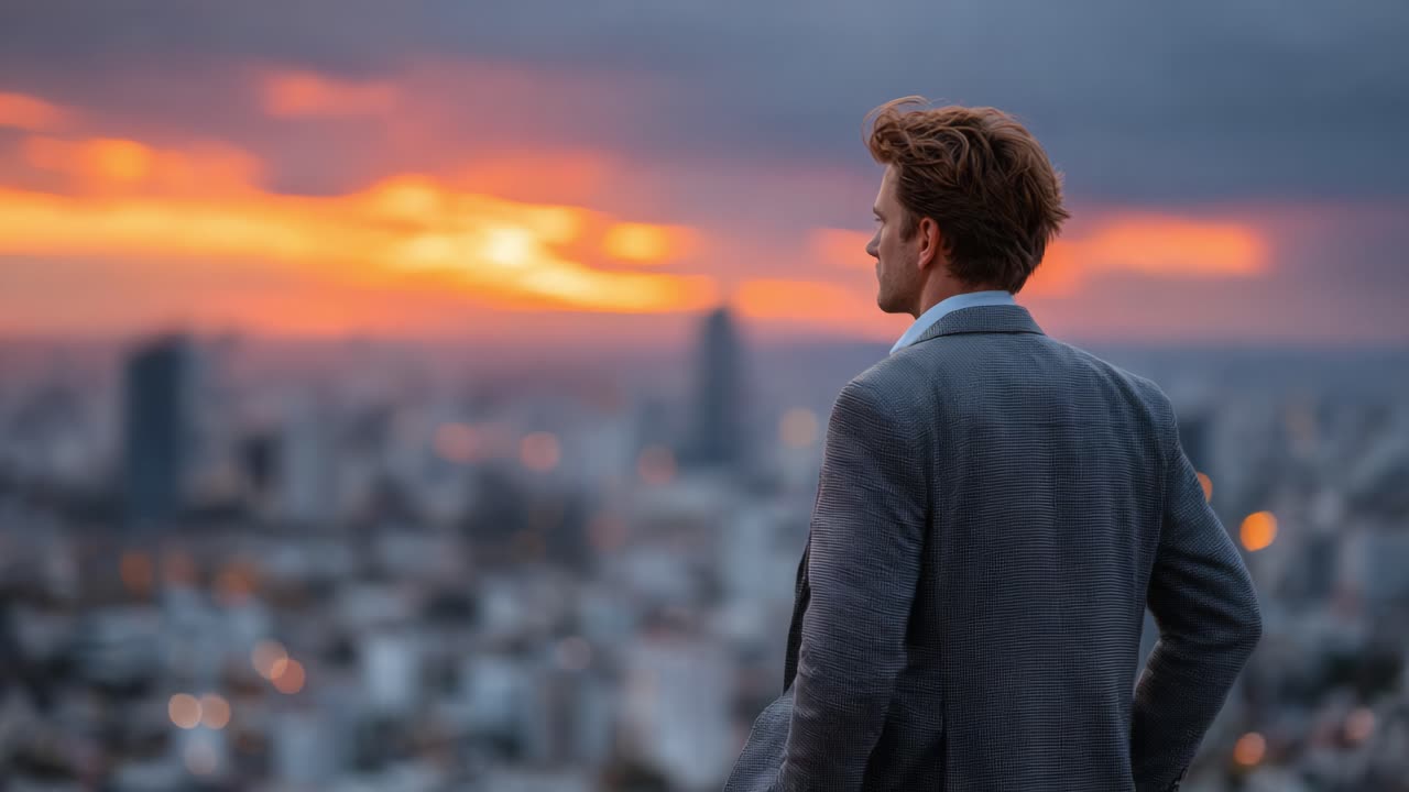 A contemplative figure gazes over a sprawling cityscape at sunset, the sky ablaze with hues of orange and purple, creating a stunning backdrop for reflection and inspiration