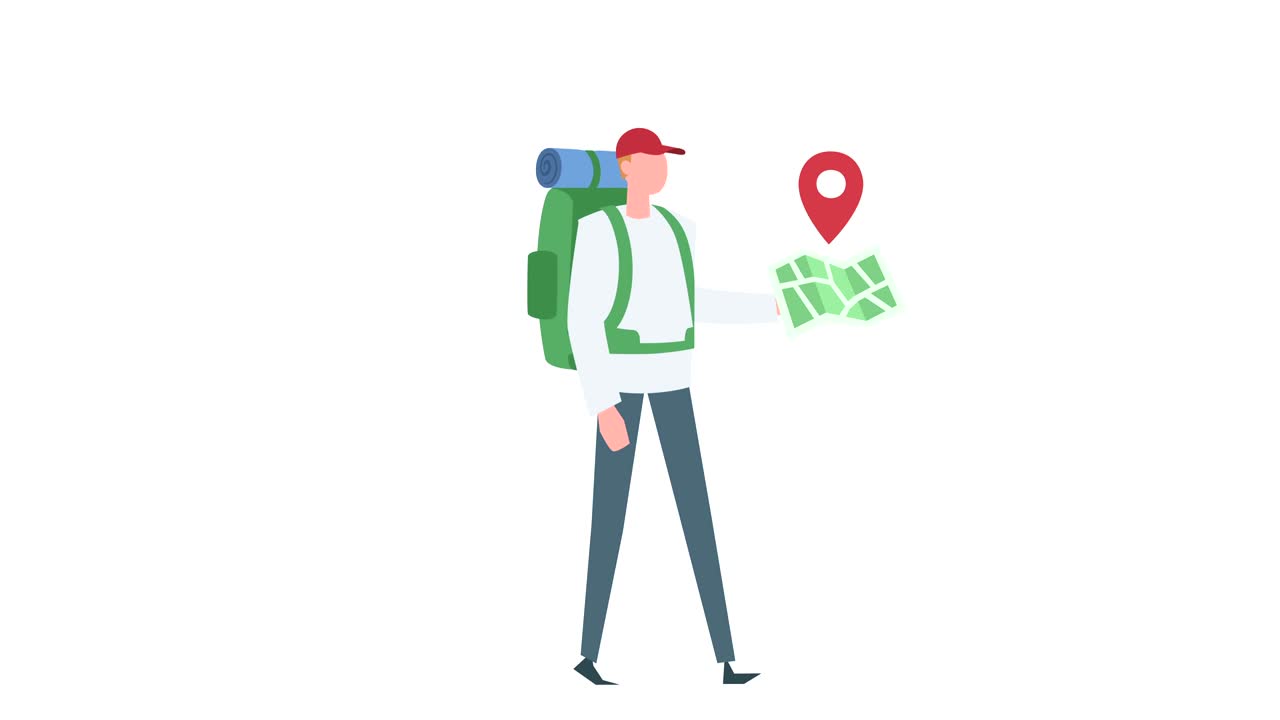 Flat cartoon colorful man character animation. Male walk cycle with map GPS navigation pin situation