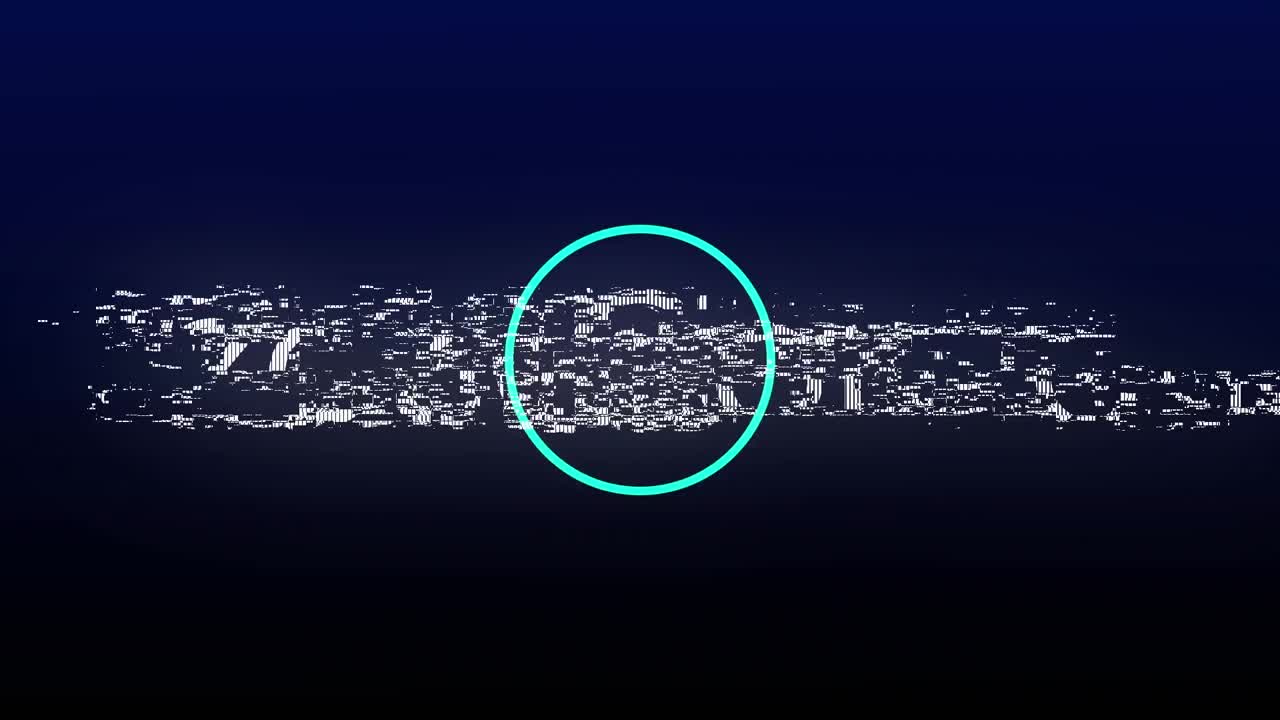 анимация новой коллекции в белом тексте с искажением над синими кольцами и точками на черном фоне