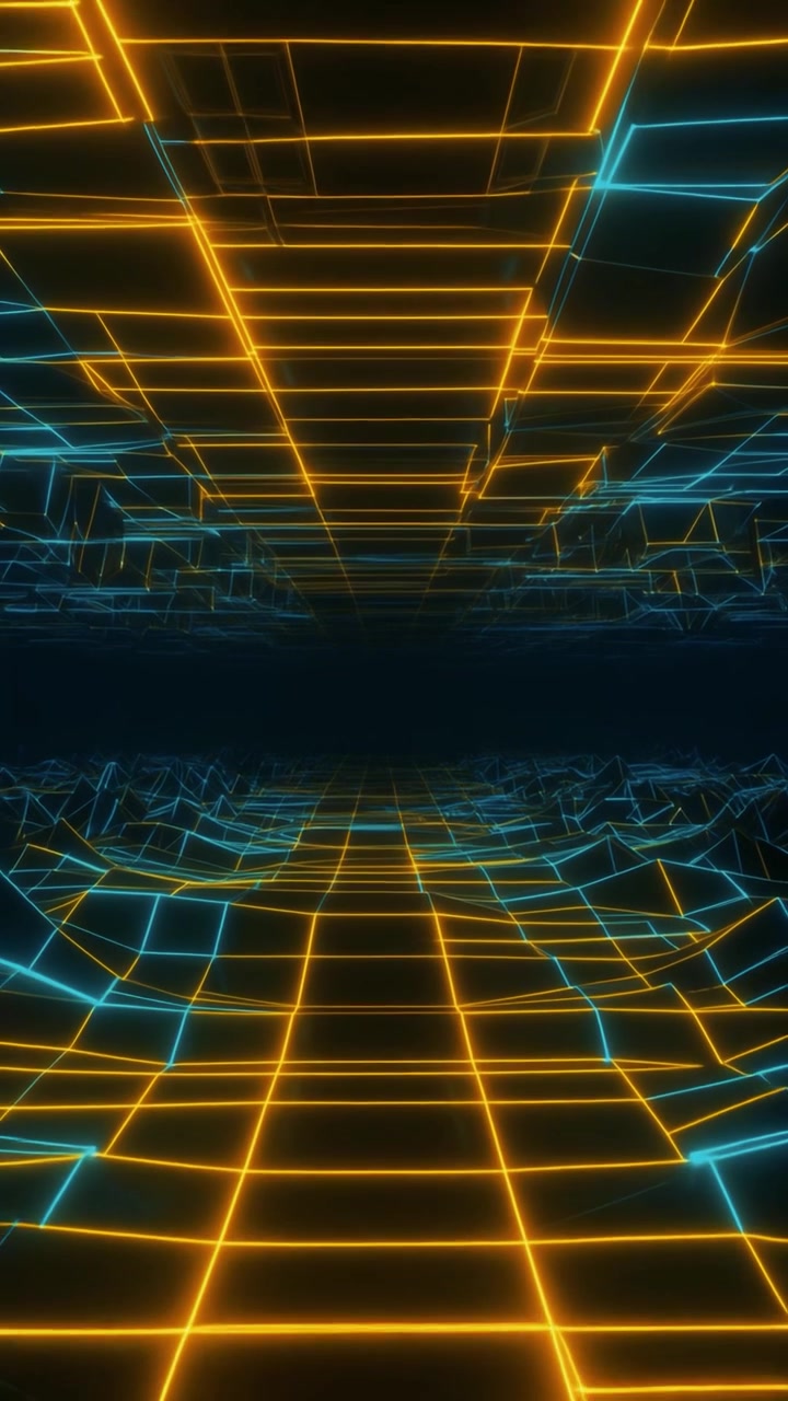 Futuristic Neon Grid Tunnel with Moving Digital Landscape