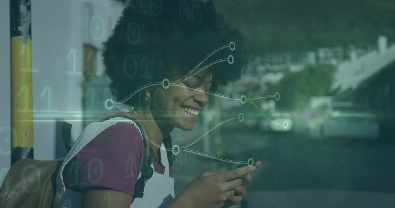 Woman leaning on pole, starting scrolling and smiling as data overlays aligning over face and phone