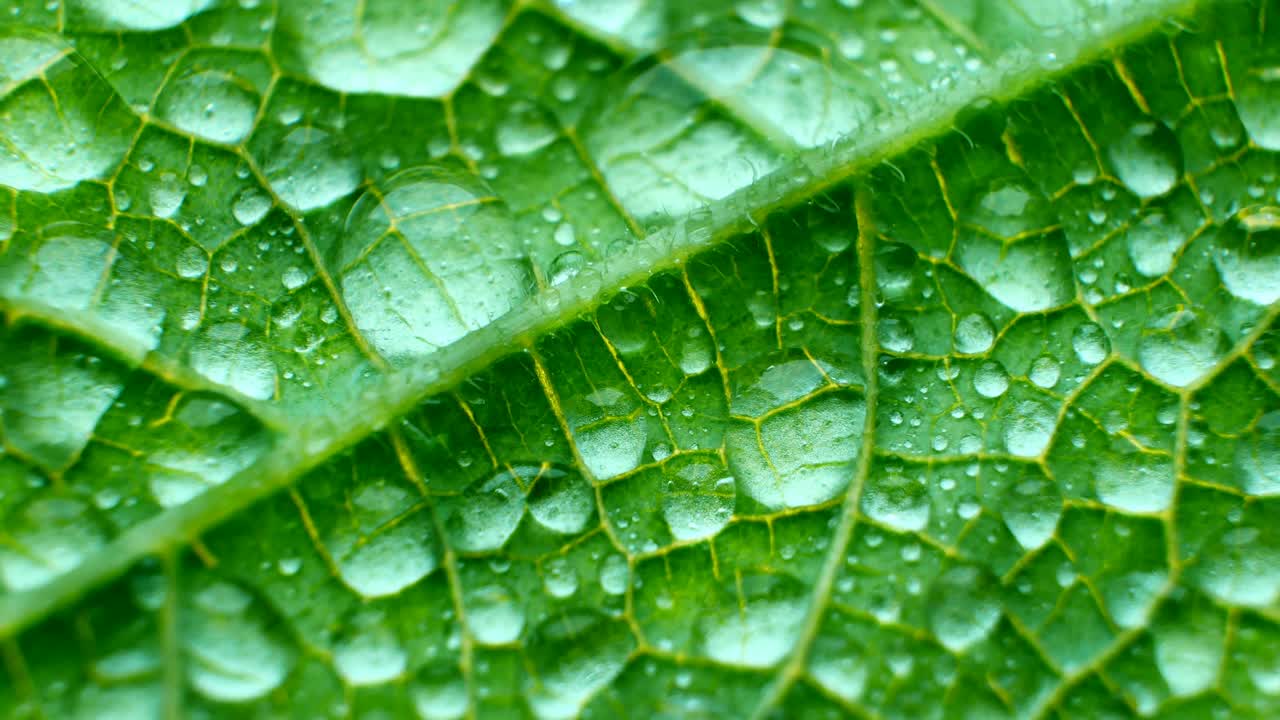 textura de la hoja impermeable primer plano. grandes gotas de agua. física a prueba de lluvia en la naturaleza. vasos de la planta y agujas afiladas