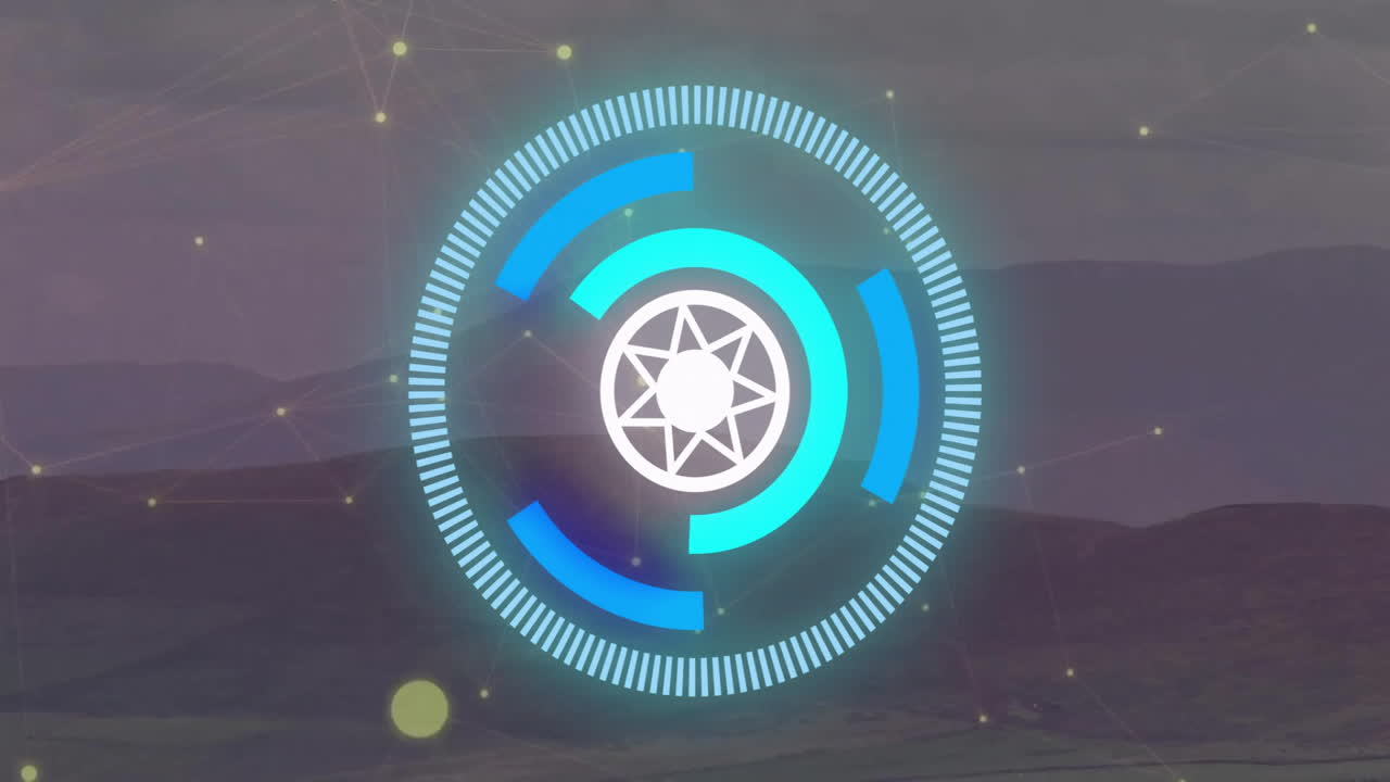 animación de escaneo de alcance y red de conexiones sobre el paisaje de las montañas