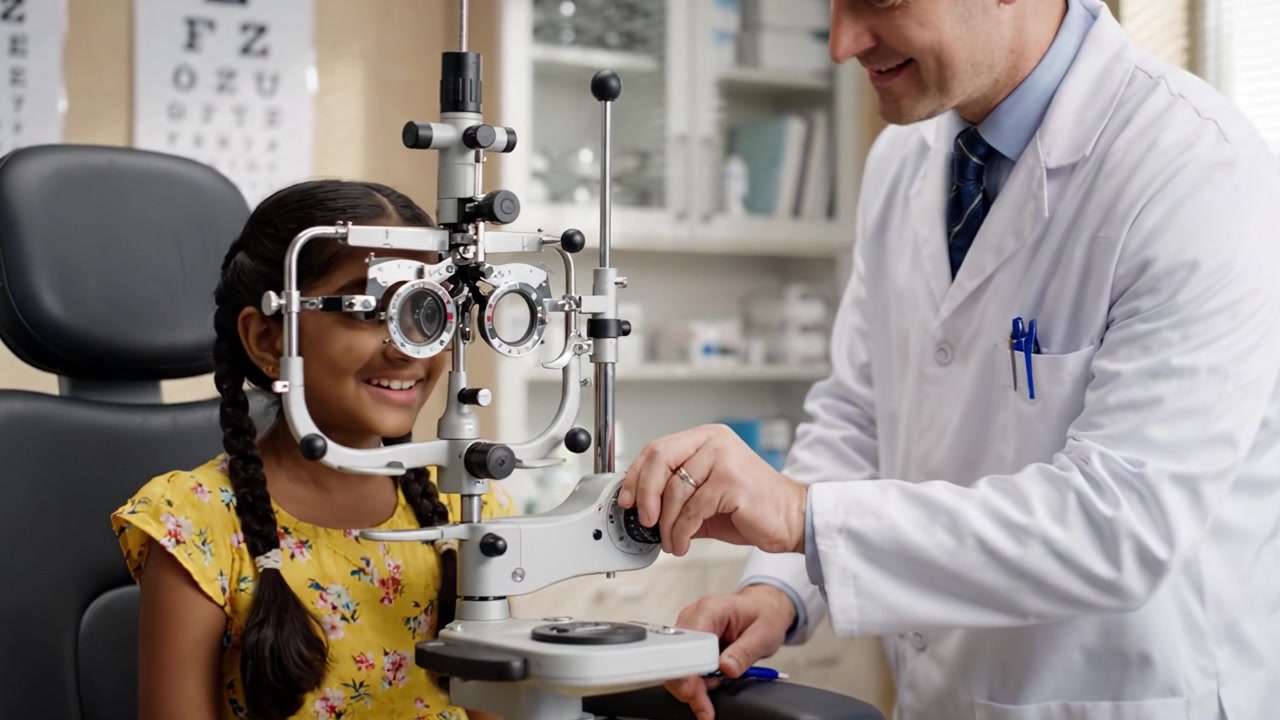 A Comprehensive Eye Examination with a Pediatric Patient in a Modern Optometry Practice, Ensuring Vision Health and Accurate Prescription for Children