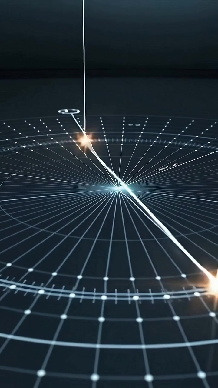 Vertical video: Dropping particle pulling streak across holo grid to central node and linking nodes