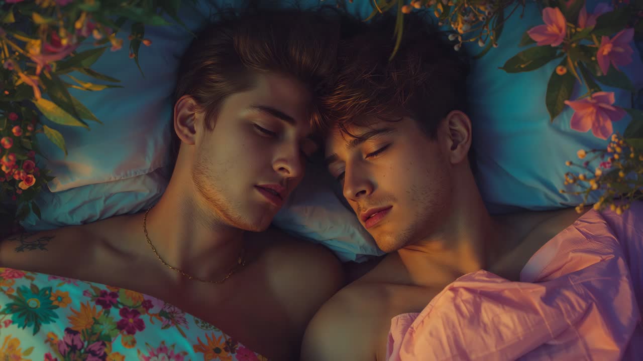 Sweeping warm light causing shirtless men lying on bed to move heads and eyes, floral blanket