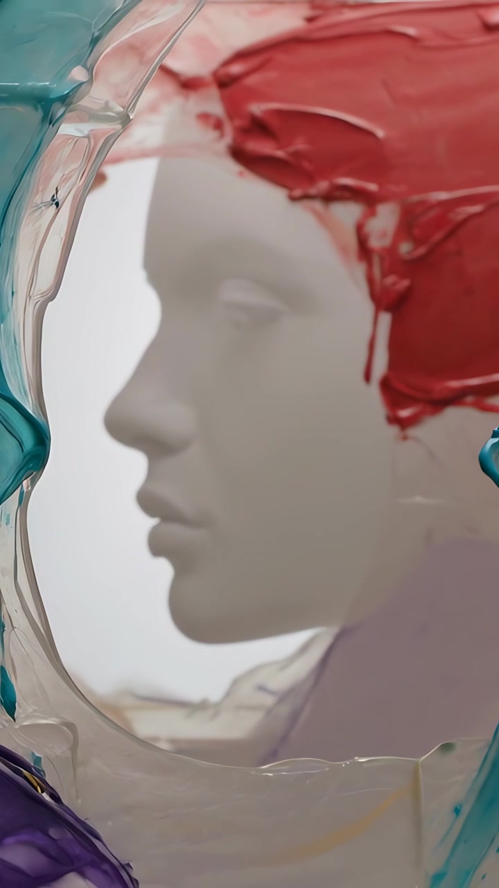 Vertical video: Pulling back camera, white bust emerging on studio set to show sculpted head, drips