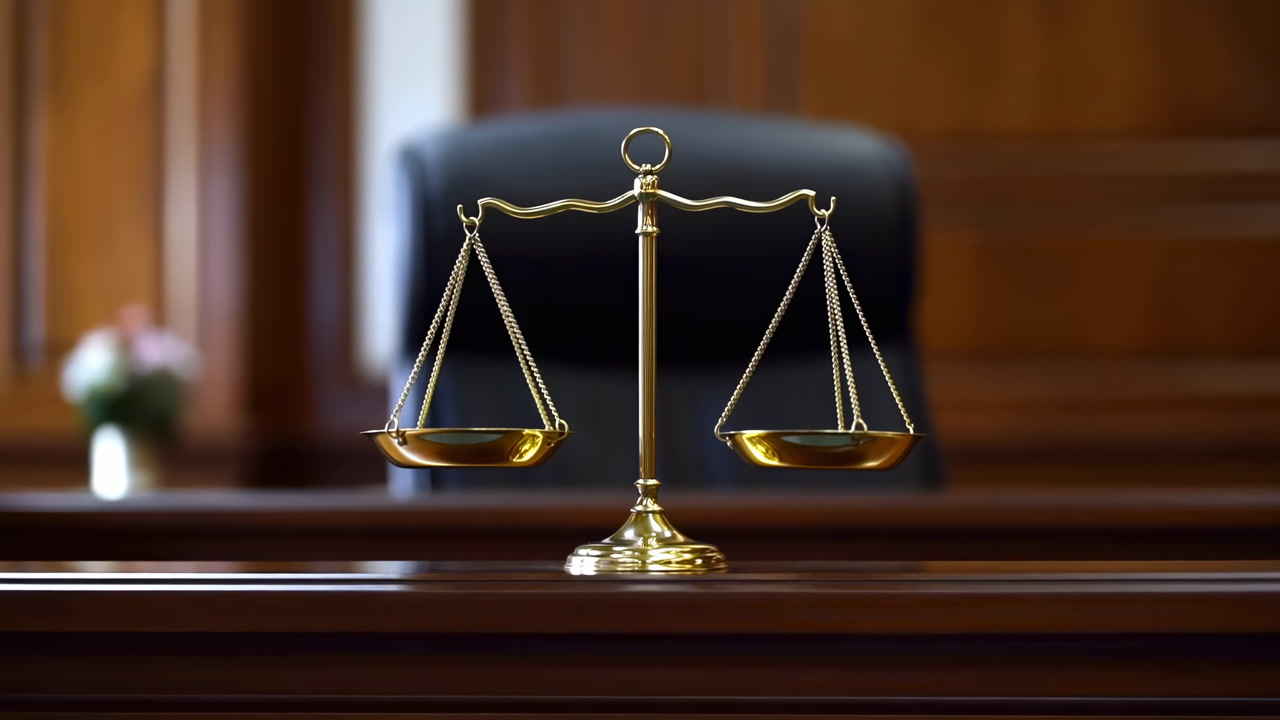 Brass Scales On Judges Bench, Brass Balance Centered On Polished Wooden Desk In Empty Courtroom, Leather