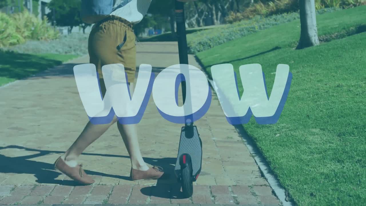 스쿠터의 바 ⁇ 를 조정하는 아프리카계 미국인 여성에 대한 와우 텍스트와 추상적인 모양